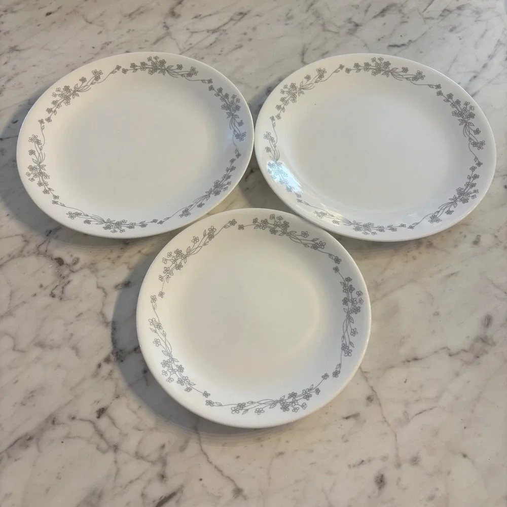 Corelle Graphite Gray Floral Dinner Plates Luncheon Plate Set of 3 VitrelleWhite